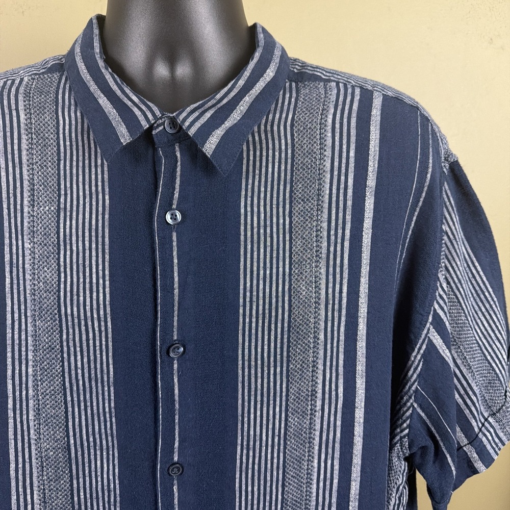 Cubavera Shirt Mens XXL Blue Striped Linen Blend Short Sleeve Button Up